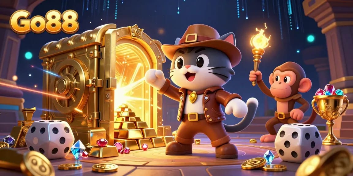 Explore the vibrant Go88 casino adventure with a cat archaeologist uncovering treasures.