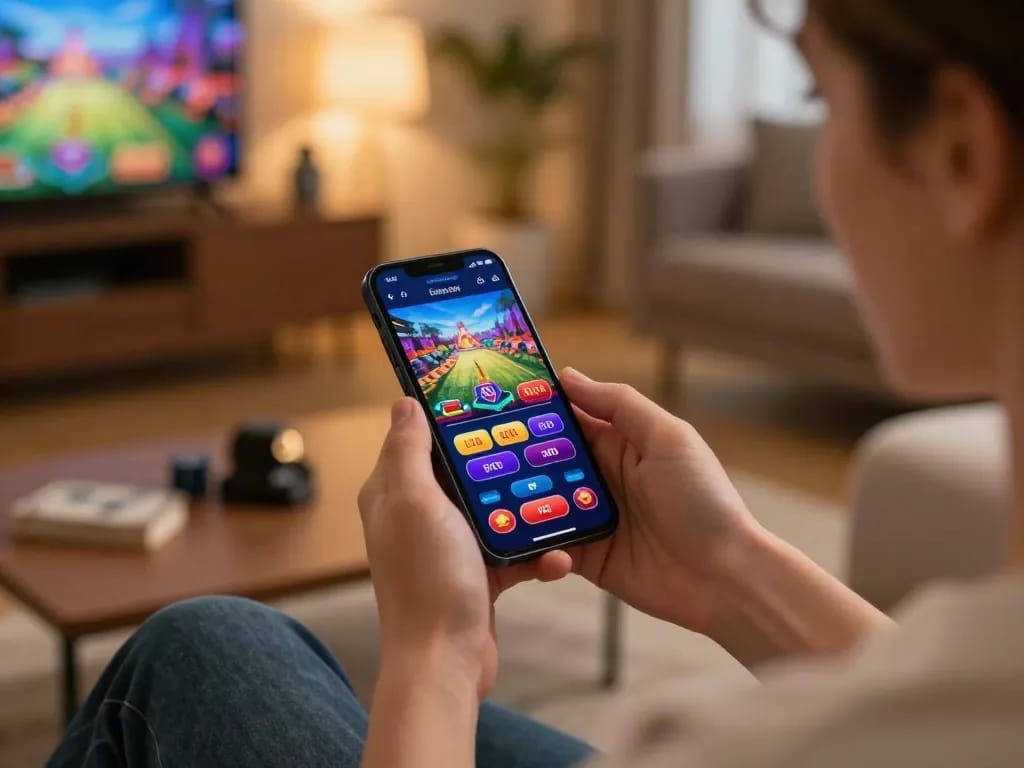 Engaging in mobile gaming with okwin app displayed on smartphone, showcasing the online casino experience