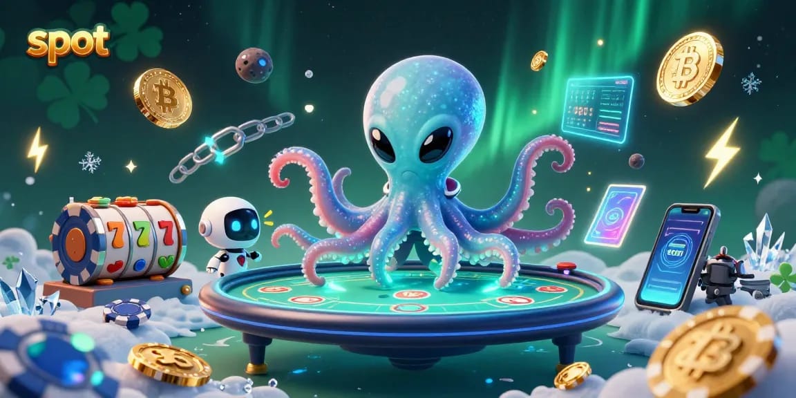 Spin slot reels with an alien octopus at a poker table, surrounded by vibrant crypto elements.