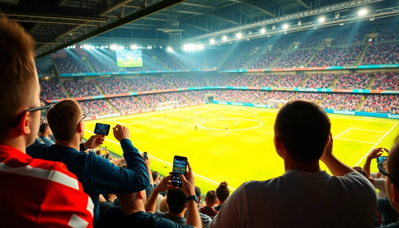 Socolive streaming live soccer match, enthusiastic fans cheering, vibrant soccer field colors.