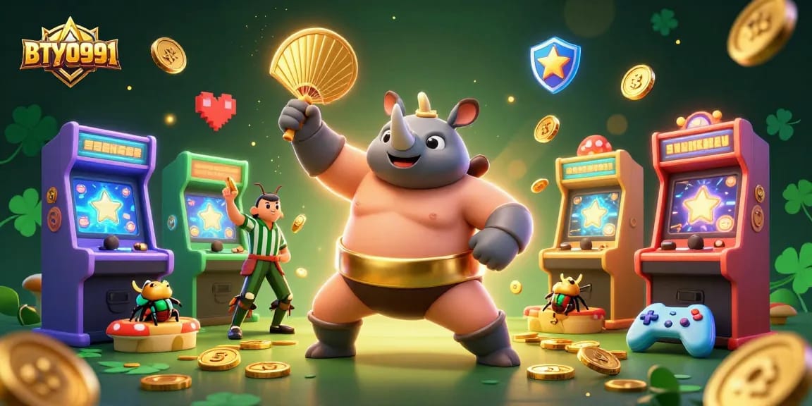 Experience the thrilling BTY0991 in a vibrant 3D casino scene with dynamic characters and gaming elements.