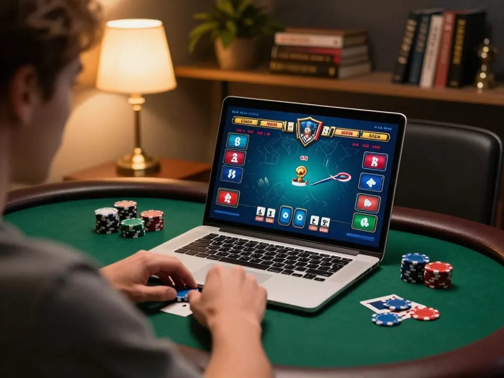 Xocdiaclub player strategizing poker at home, laptop screen showcasing active game.