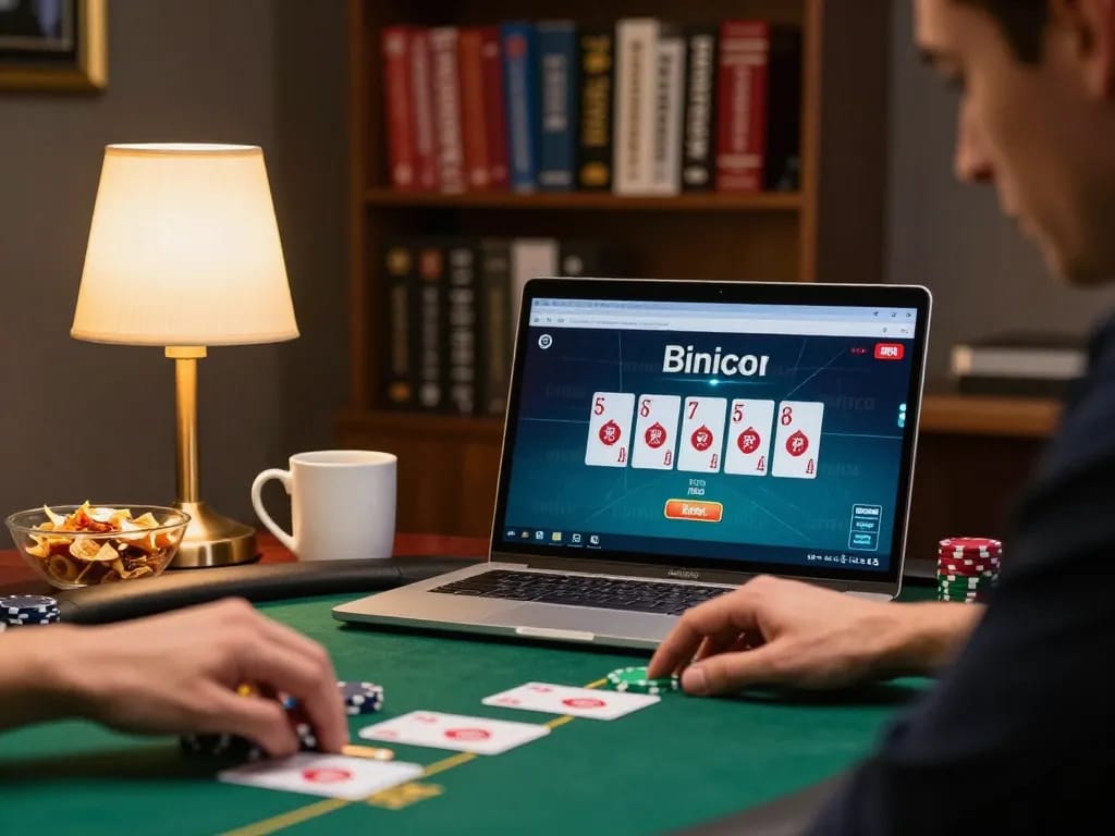 Rikvip player engaging in online poker with strategy notes and chips organized on the table