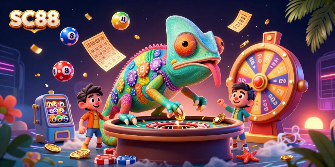 Engage in thrilling gameplay with SC88 as the vibrant chameleon casino owner captures golden coins amidst dynamic lottery elements.