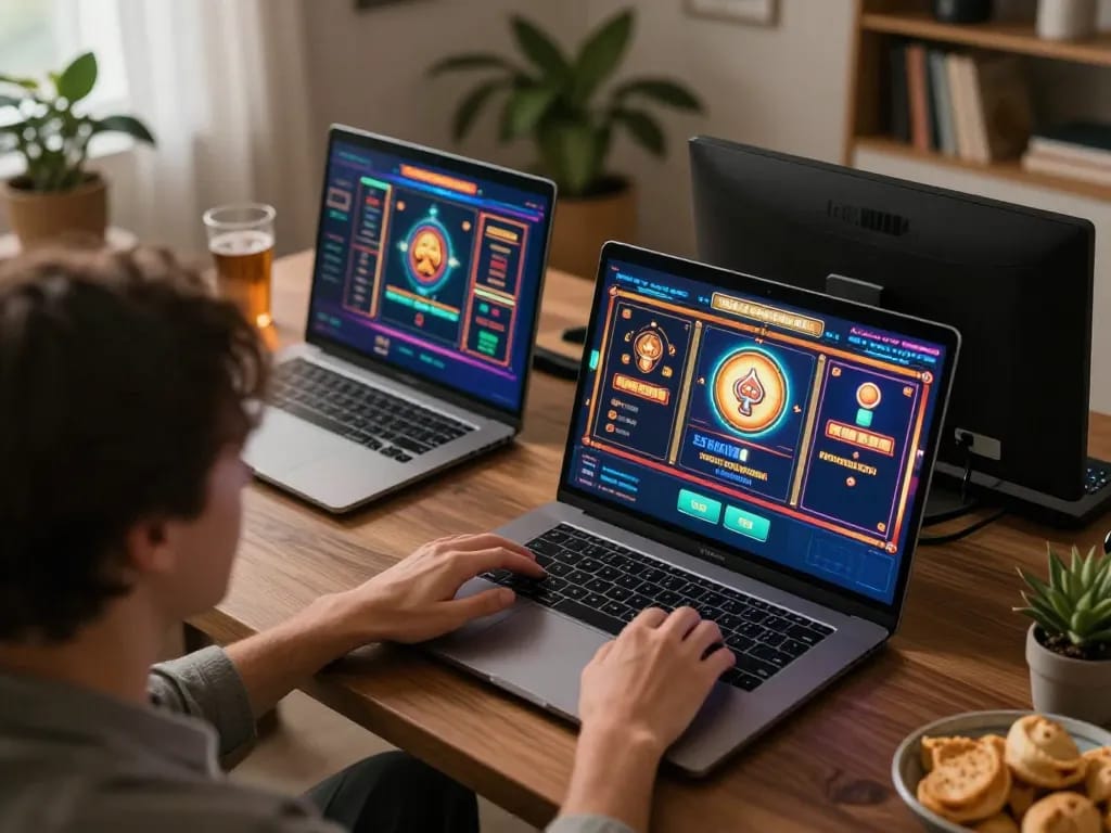 FAFA828 player engaging in online slots gameplay with a stylish setup, showcasing modern gaming