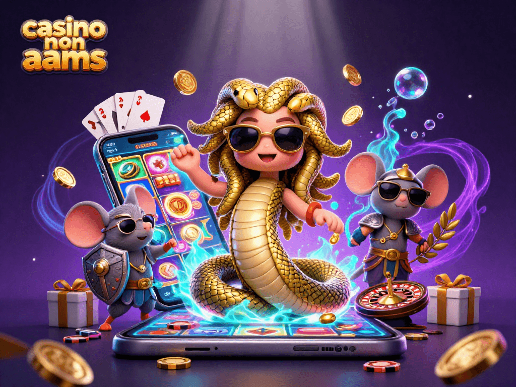 Gioca e vinci nei migliori casino non AAMS con Medusa e un topo guerriero in un'illustrazione interattiva.