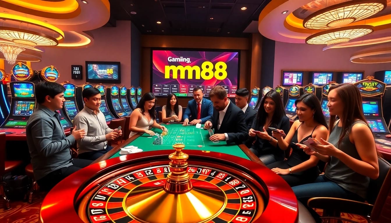 Experience high-stakes gaming at mm88 with engaging roulette and poker tables in a luxurious setting.