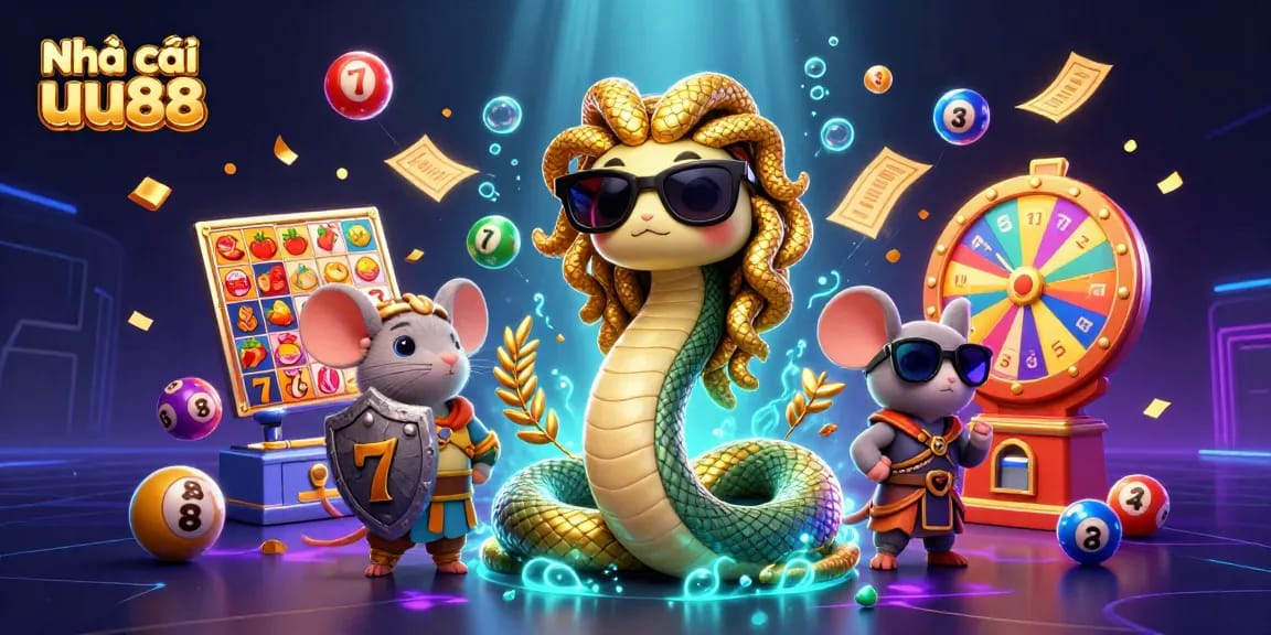 Experience the thrills of Nhà cái uu88 with a vibrant casino scene featuring Medusa, lottery balls, and a spinning prize wheel.