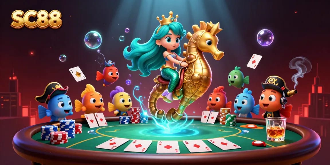Experience thrilling poker action at SC88 with a magical mermaid and seahorse in an underwater casino
