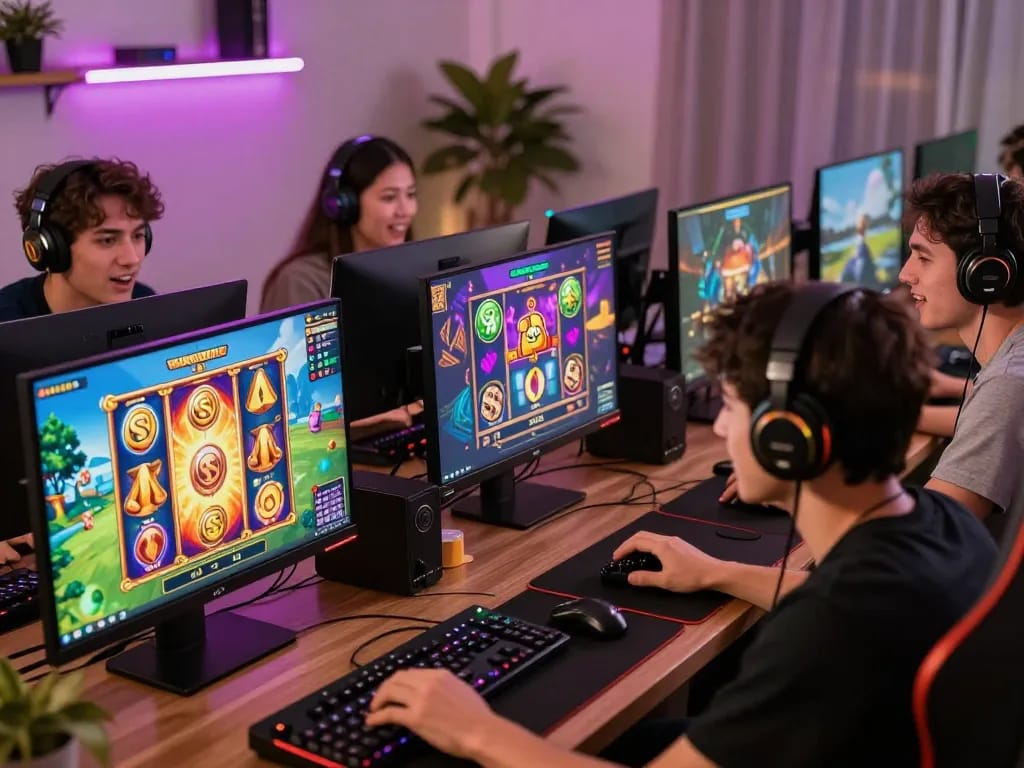 Excited gamers enjoying slot gacor games in a vibrant online setup