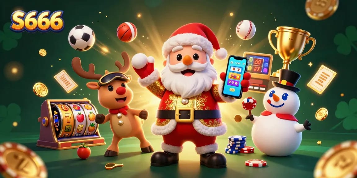 Experience thrilling slots and jackpots with S666 in a vibrant casino scene with Santa and friends.