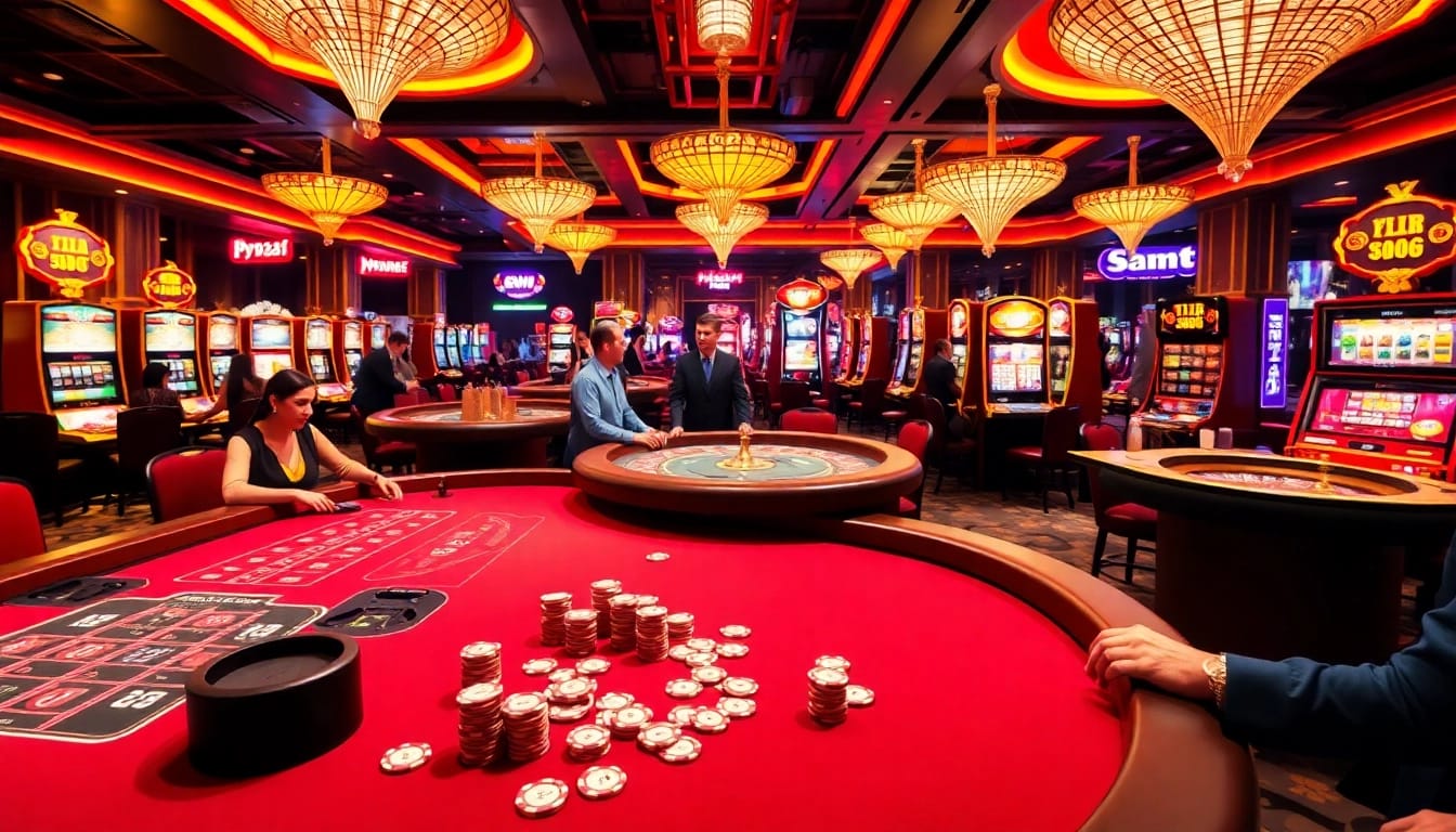 MM88 casino scene with vibrant tables, engaged players, and luxurious slot machines lighting.