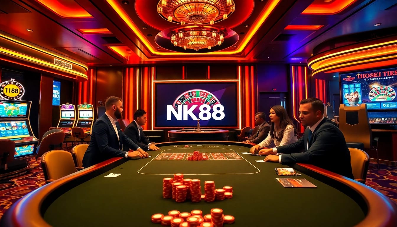 Exciting casino scene featuring NK88 poker action with vibrant slot machines and roulette.