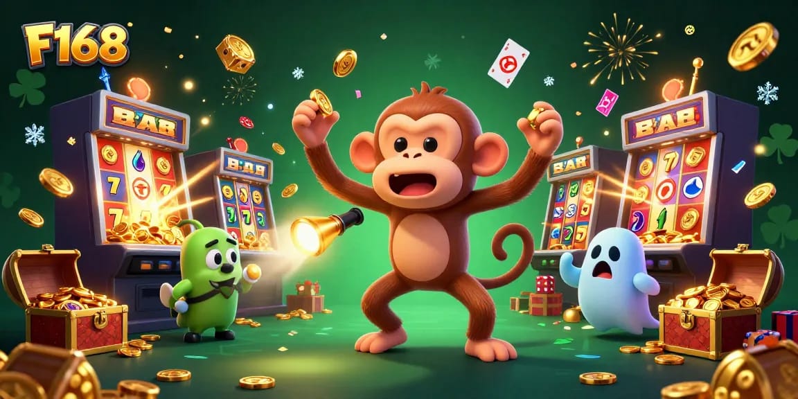 Engage in thrilling gameplay at F168 with an enchanting scene of a mischievous monkey juggling coins in a vibrant casino atmosphere.