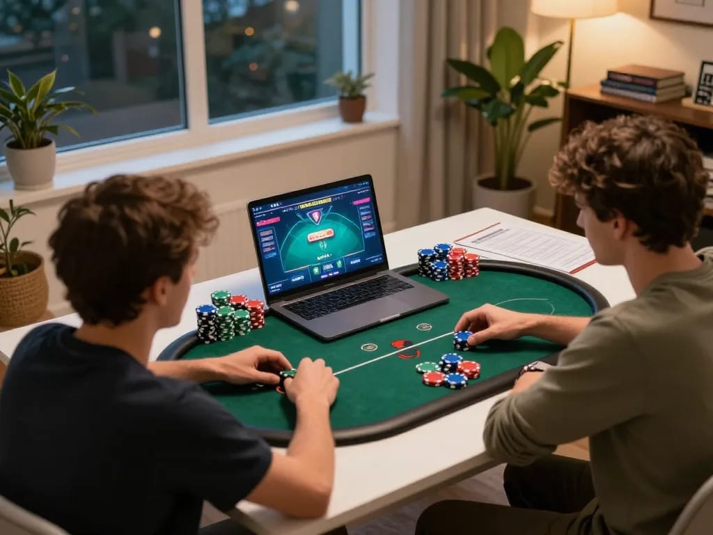 Engaged player strategizing in an online poker game on 99Win platform from home.