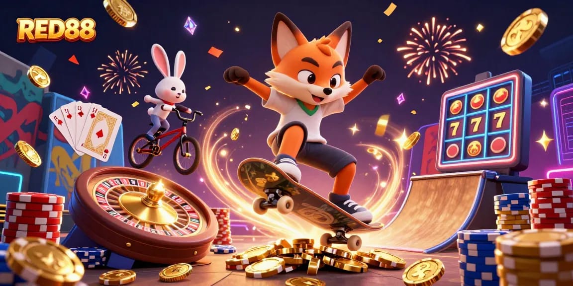 Experience the excitement of RED88 with a vibrant scene of a fox skateboarding over golden poker chips.