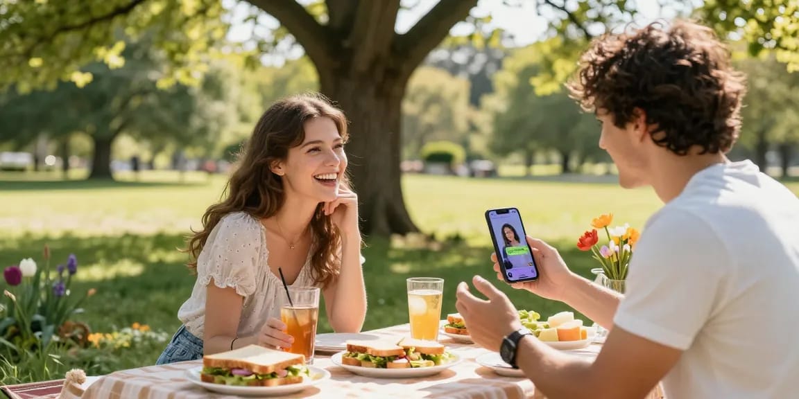 Couple engaging with their AI girlfriend in a picturesque park setting.