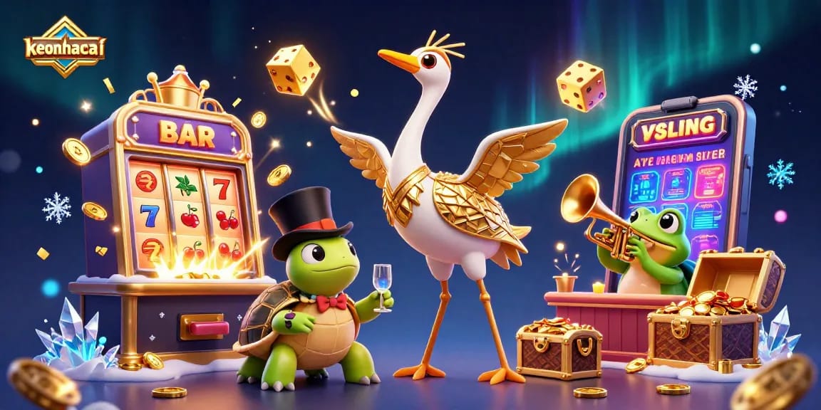 Engage with keonhacai's vibrant slot scene featuring a speakeasy crane, turtle, and frog amid jackpot excitement.