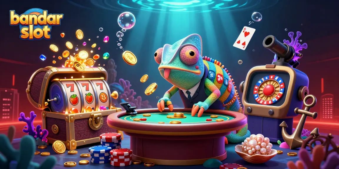 Menggali keseruan bandar slot dengan karakter chameleon warna-warni dan perhiasan jackpot yang memukau.