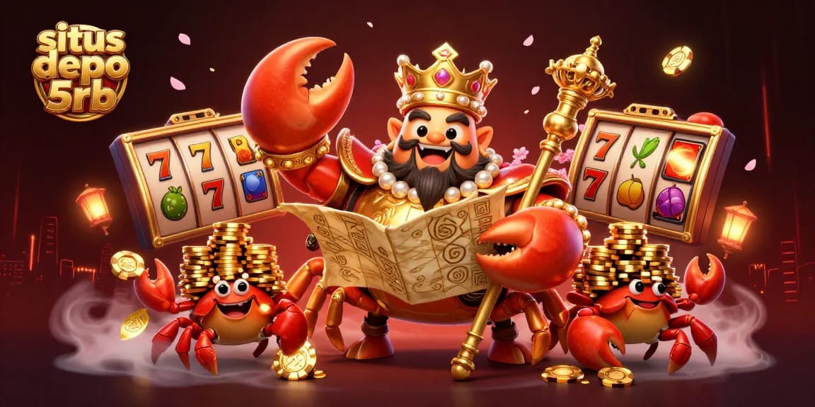 Experience excitement at situs depo 5rb with a vibrant scene featuring a golden crab emperor and dynamic slot elements.