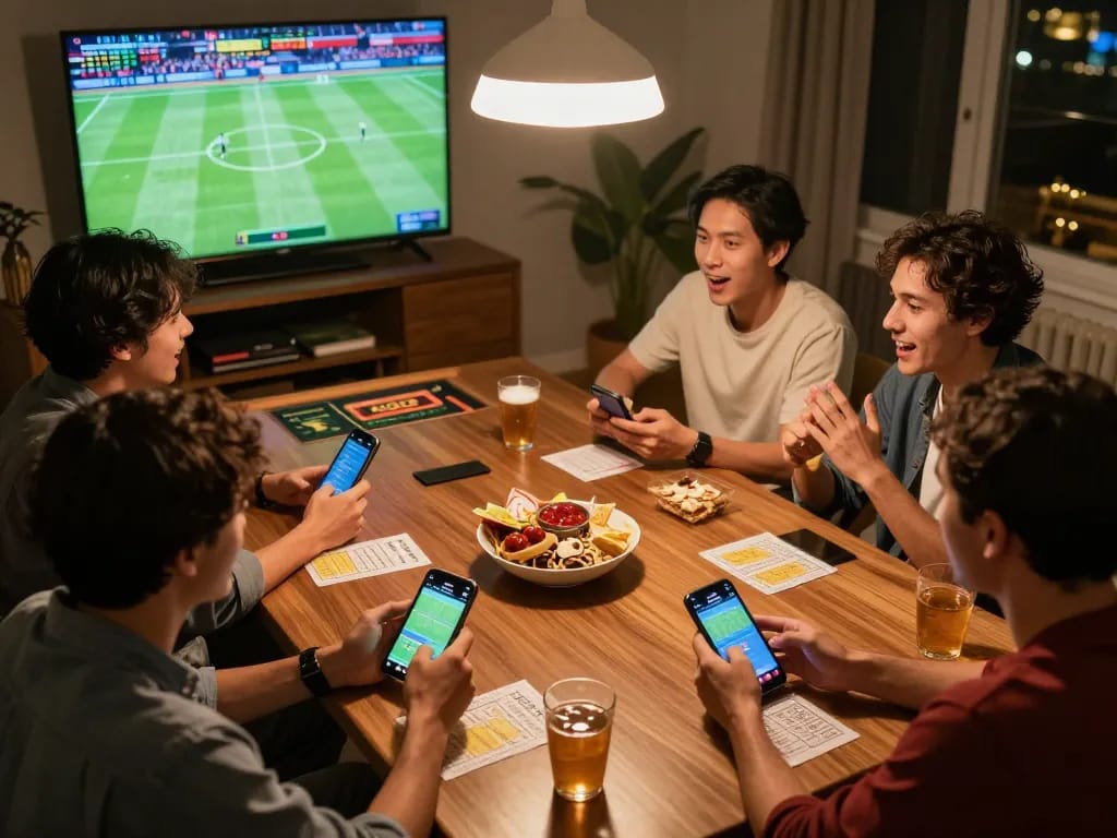 Exciting sports betting atmosphere featuring KQBD updates with friends engaged and cheering.