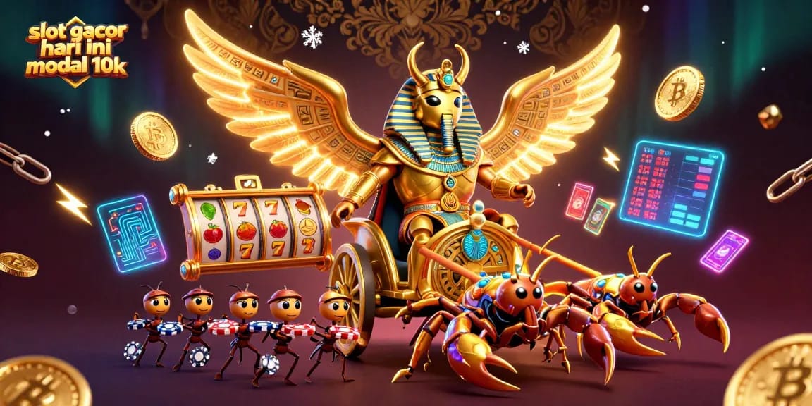 Experience slot gacor hari ini modal 10k with vibrant casino elements including a pharaoh scarab, slot reels, and crypto coins.