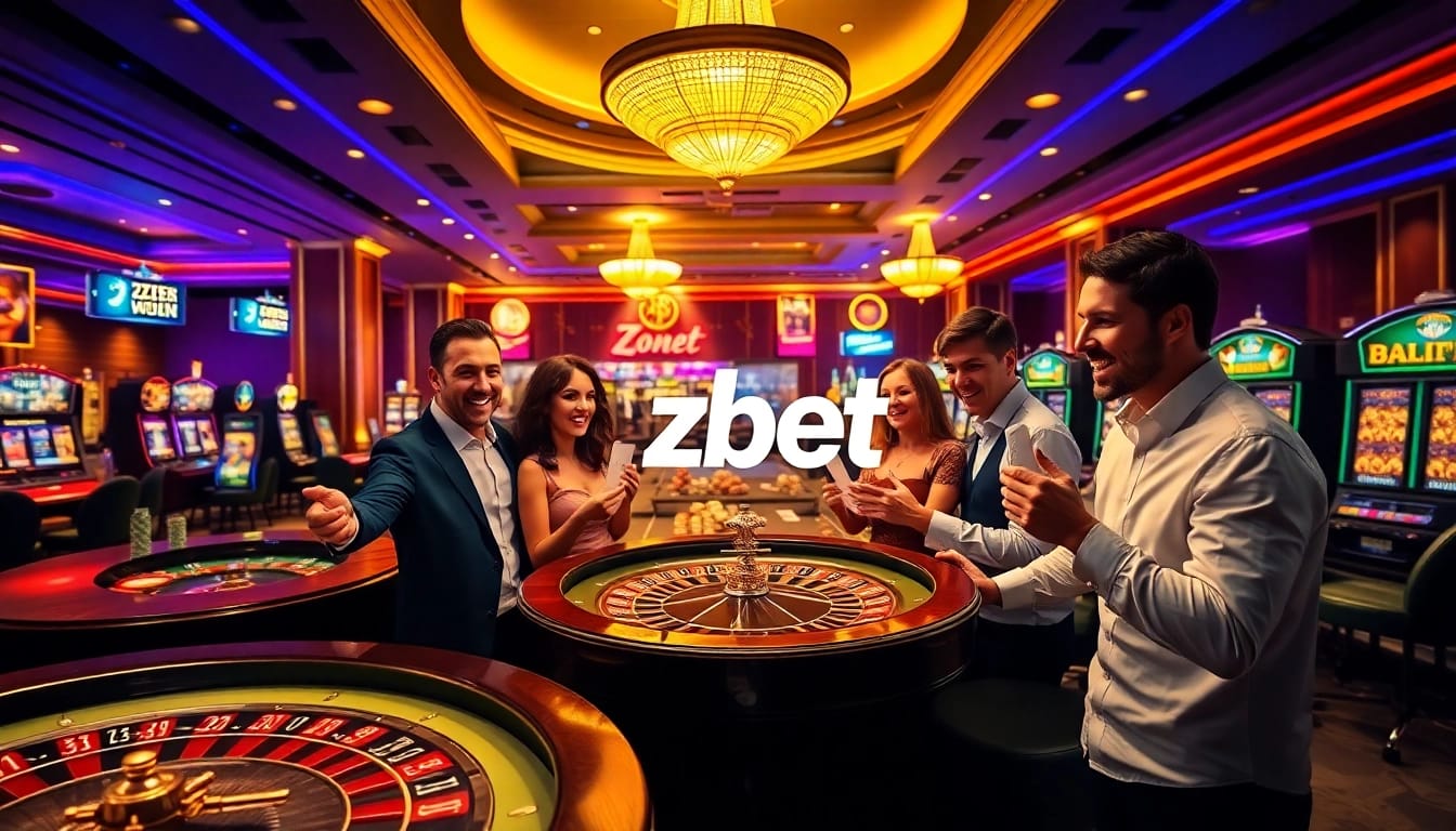 Players enjoying a vibrant gaming experience at zbet casino, surrounded by roulette wheels and slot machines.