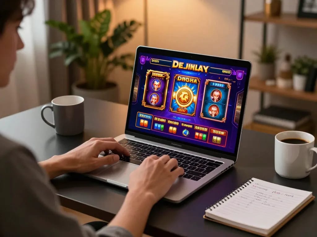 Planet88 user engaging in online slot gaming while tracking strategy notes