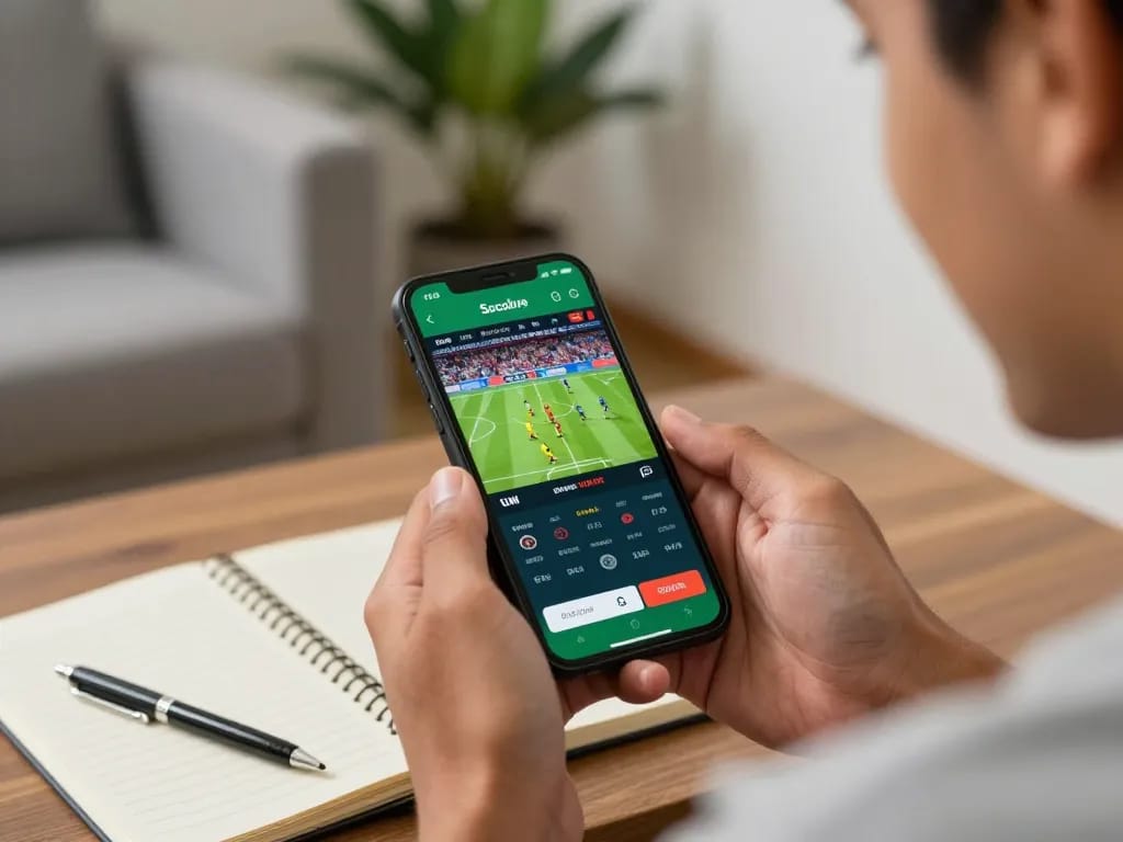 Socolive user engaging in live sports betting with smartphone in a cozy home setting.