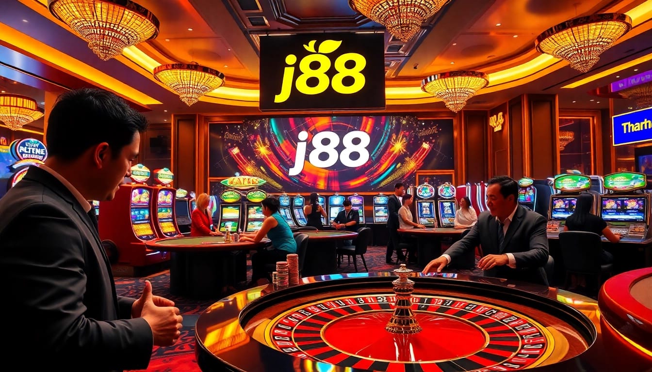 Exciting casino scene with players engaging in games at j88, featuring vibrant roulette and slot machines.