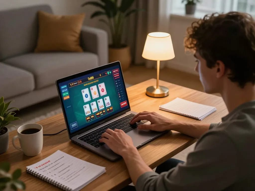 Player enjoying live casino games at Ta88 on a laptop, showcasing an engaging online gambling environment.