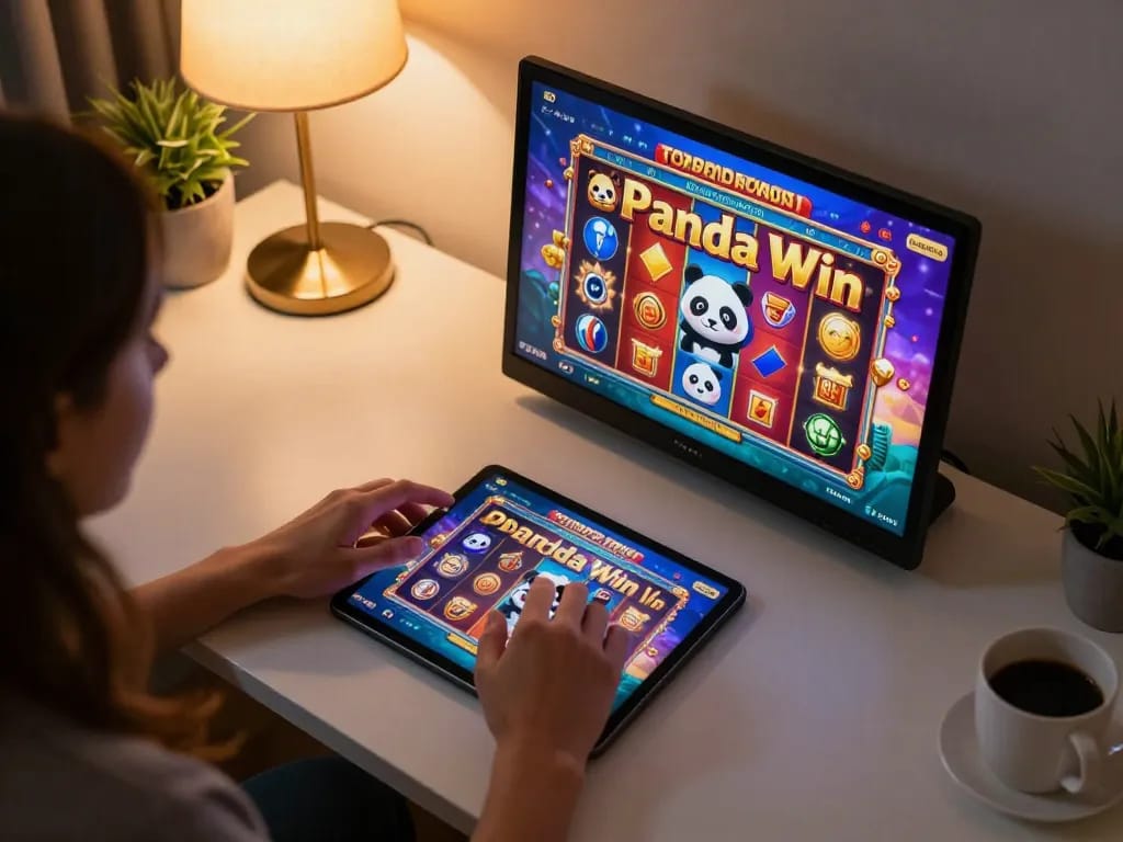 Permainan slot Panda Win yang dimainkan di tablet, menampilkan grafik yang cerah dan gameplay strategis.