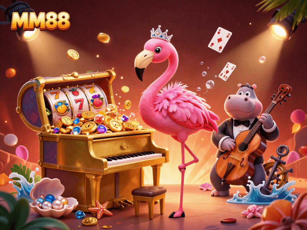 Experience thrilling gameplay with MM88’s vibrant casino scene featuring lively characters and dynamic slot elements.