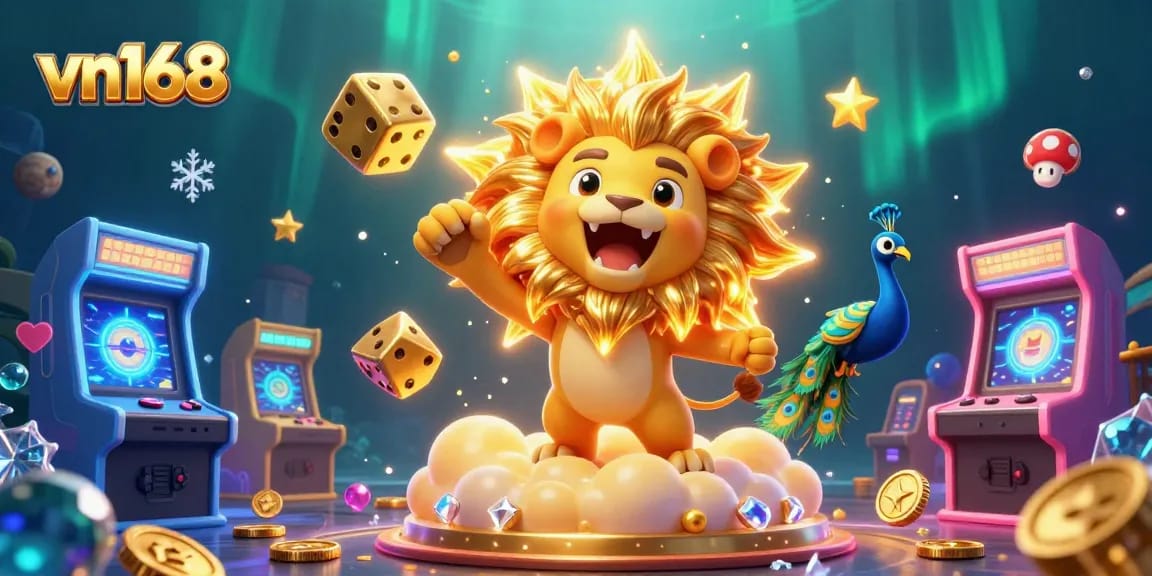 Engage with vn168's thrilling games as a lion roars in casino-themed adventure.