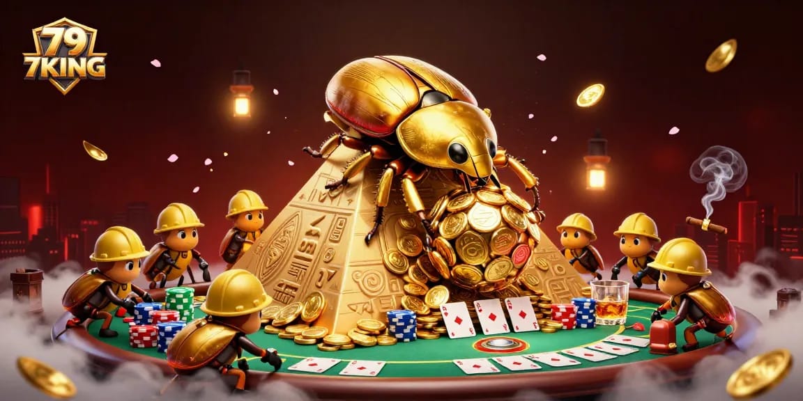 Engage with 79KING as a golden beetle leads a casino adventure with vibrant poker elements.