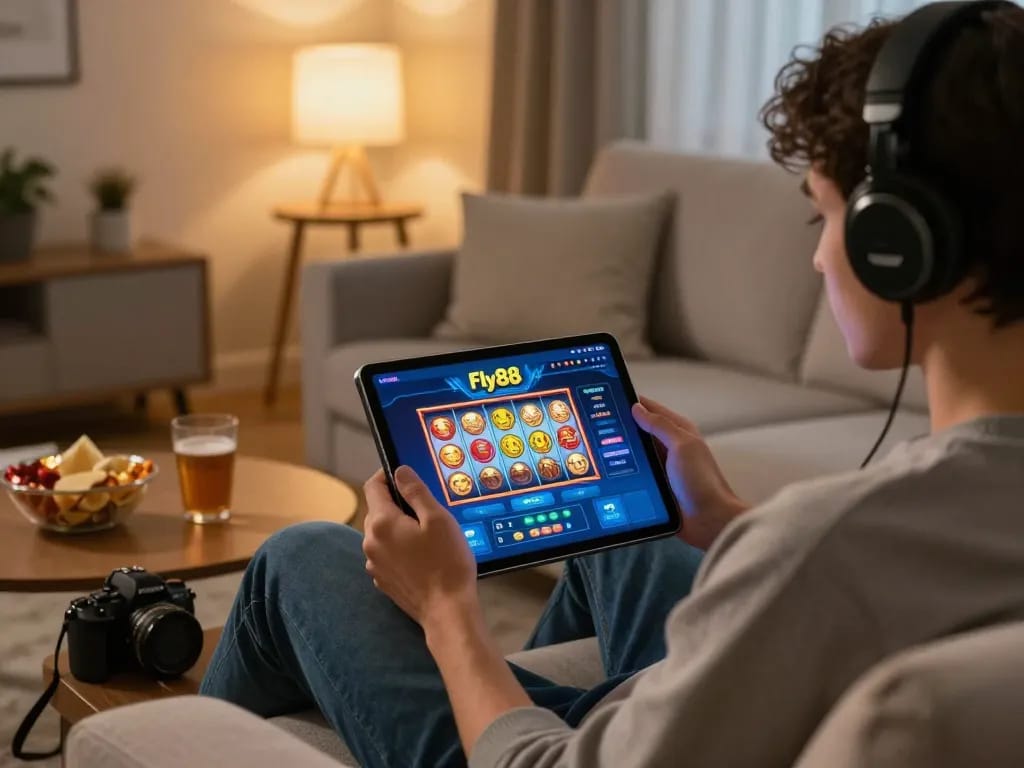 Fly88 user engaging with online slots on a tablet in a cozy home setting, emphasizing responsible gaming.