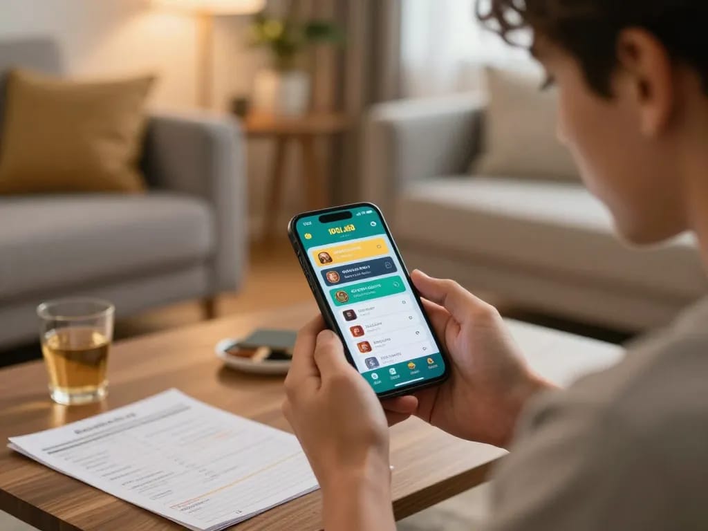 Pemain menggunakan aplikasi IDOLA88 untuk perjudian online, terlibat dalam permainan strategis di rumah.