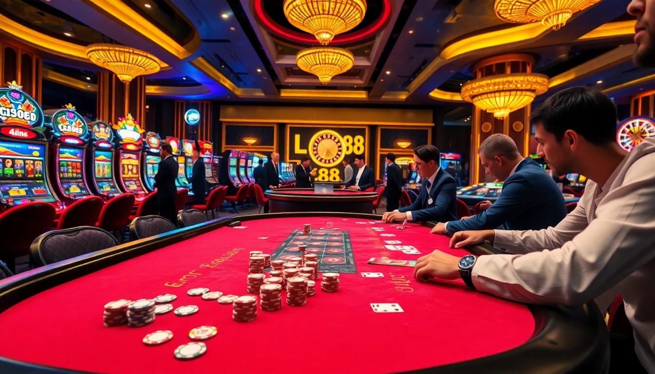 Intense poker game at a luxurious casino featuring LC88 betting chips and cards.