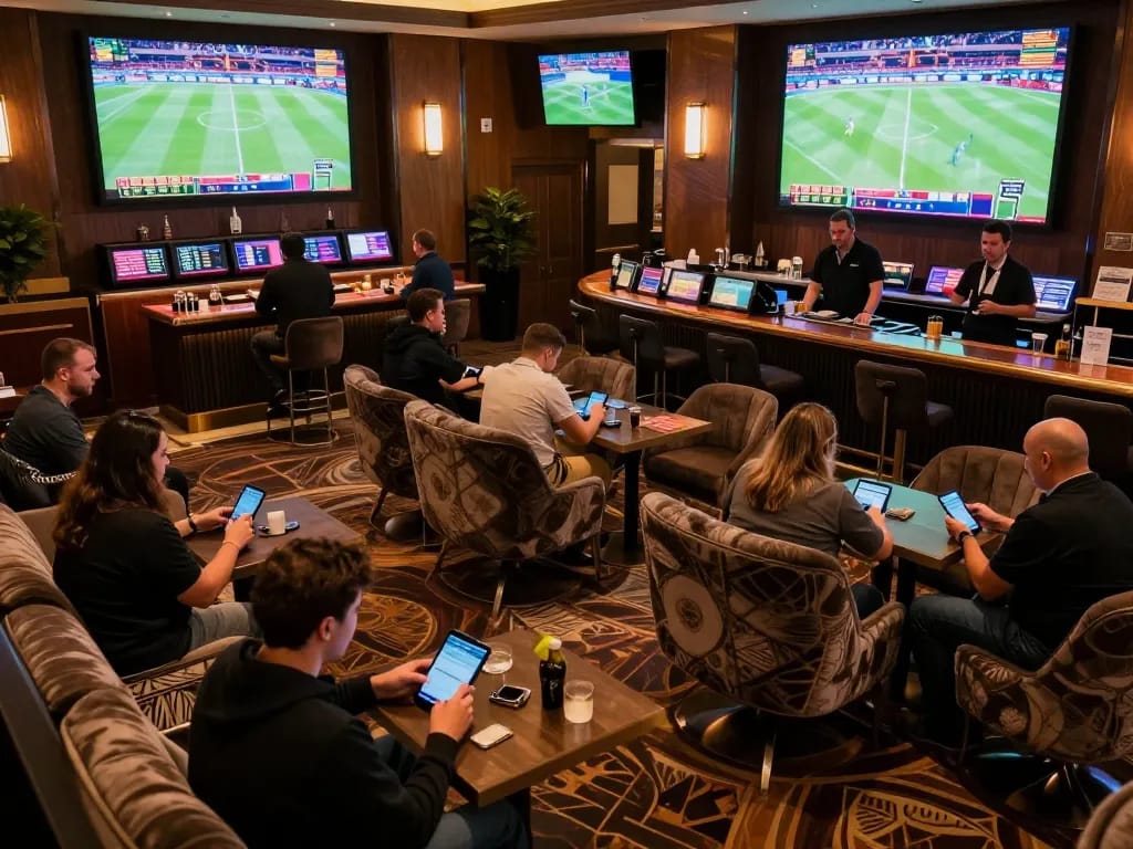 Sports betting enthusiasts engaged with kèo nhà cái on mobile devices in a stylish casino lounge.