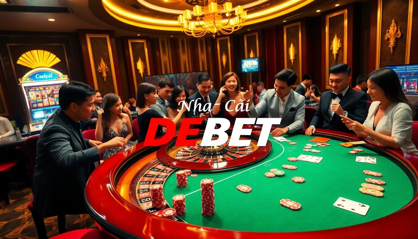 Engaging casino experience with Nhà Cái DEBET highlighted on vibrant roulette table.