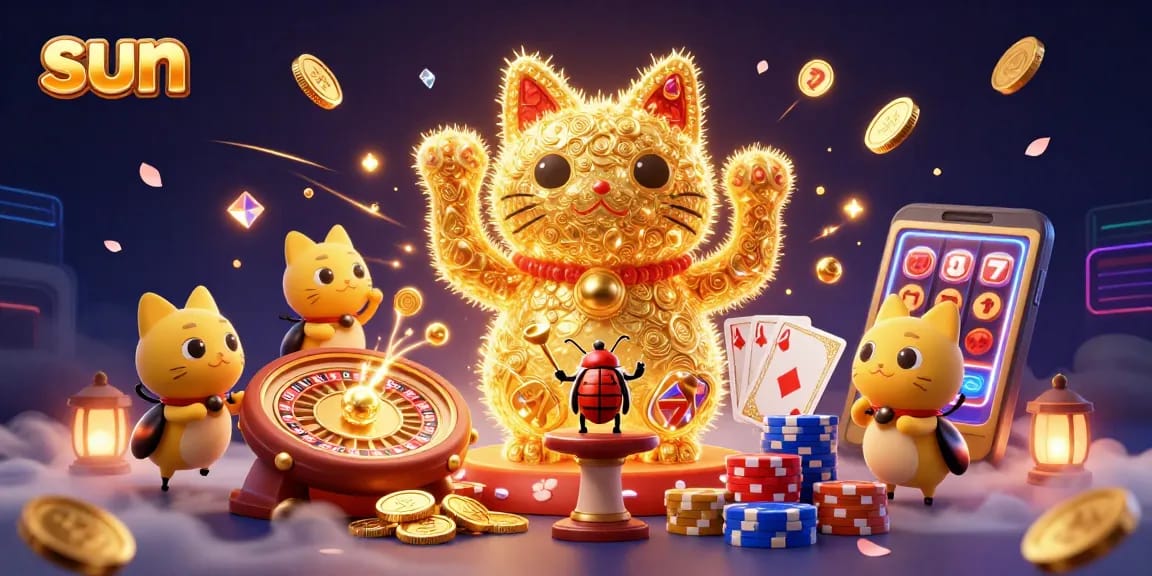 Spin and win with the sun-themed lucky cat while enjoying vibrant casino excitement.