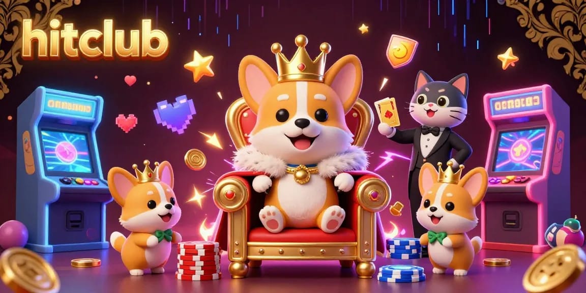 Experience thrilling gameplay at hitclub with a lavish scene of a royal corgi, set amidst vibrant gaming elements and a luxurious casino backdrop.