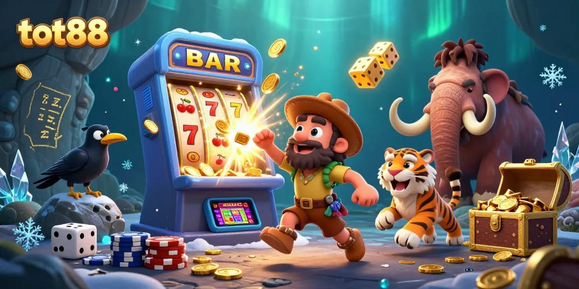tot88 showcases a lively prehistoric casino scene with cavemen and slot machines amidst a vibrant explosion of casino elements.