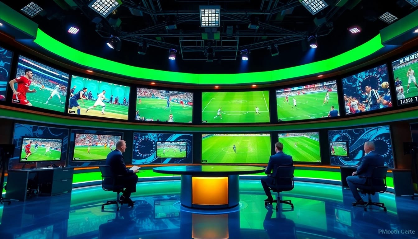 Engaging scene of sports broadcasting studio showcasing live events and hosts discussing.