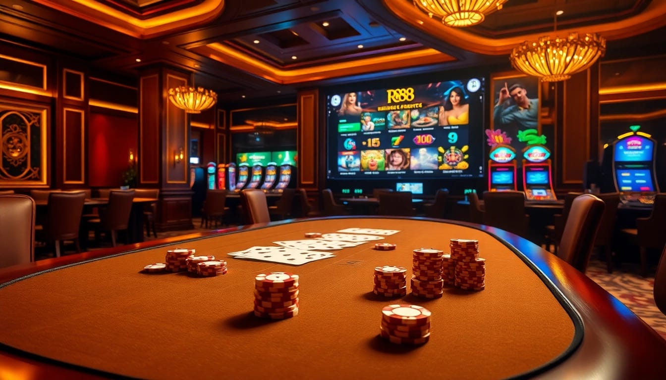 Experience high-stakes excitement at RR88's luxurious gaming tables with vibrant casino elements.