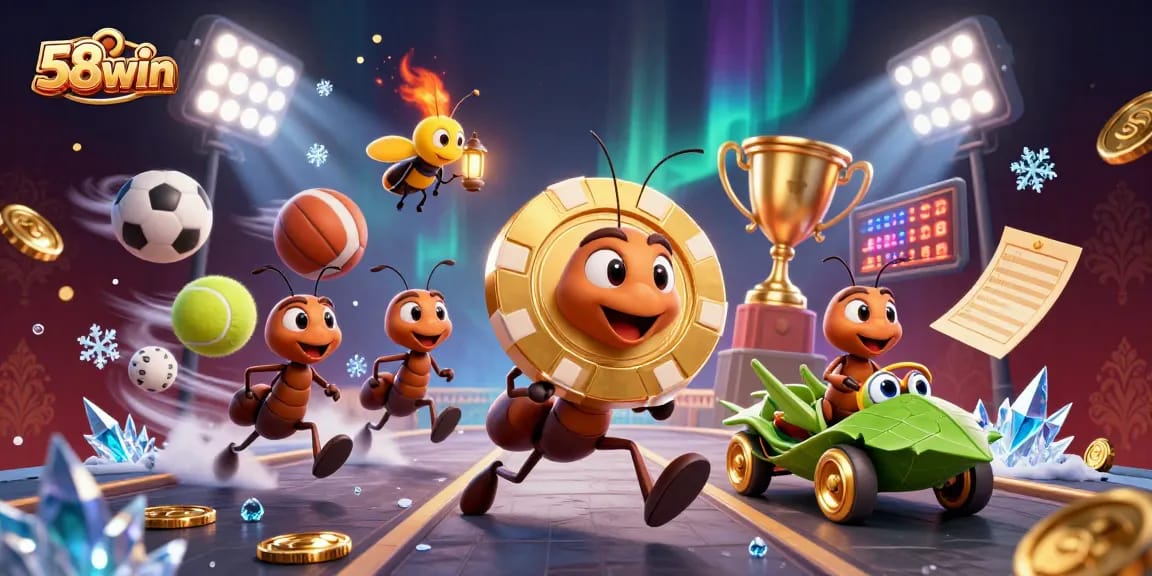 Experience the thrill of 58win with cartoon ants heisting a golden poker chip in a vibrant casino scene.