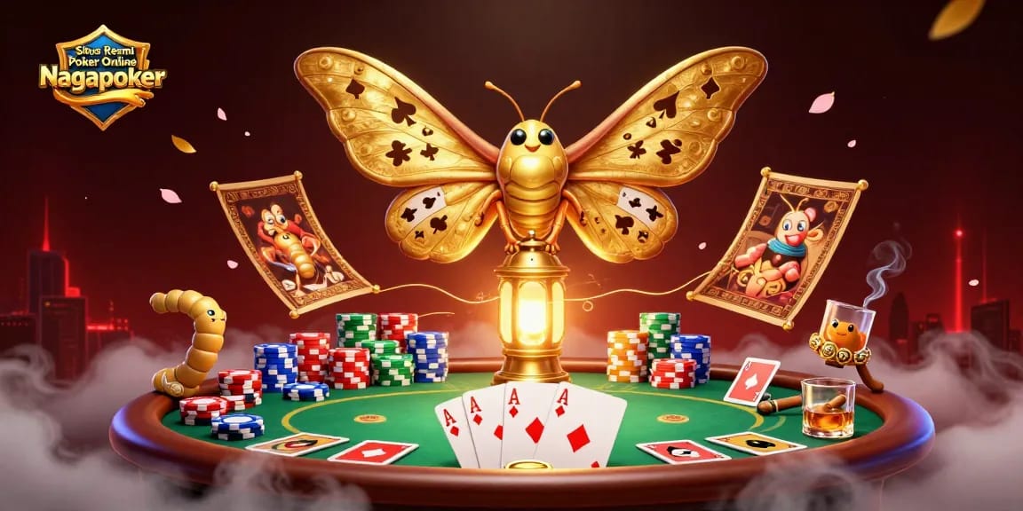 Situs Resmi Poker Online Nagapoker showcases an ultra-detailed poker scene featuring vibrant moths and casino elements.