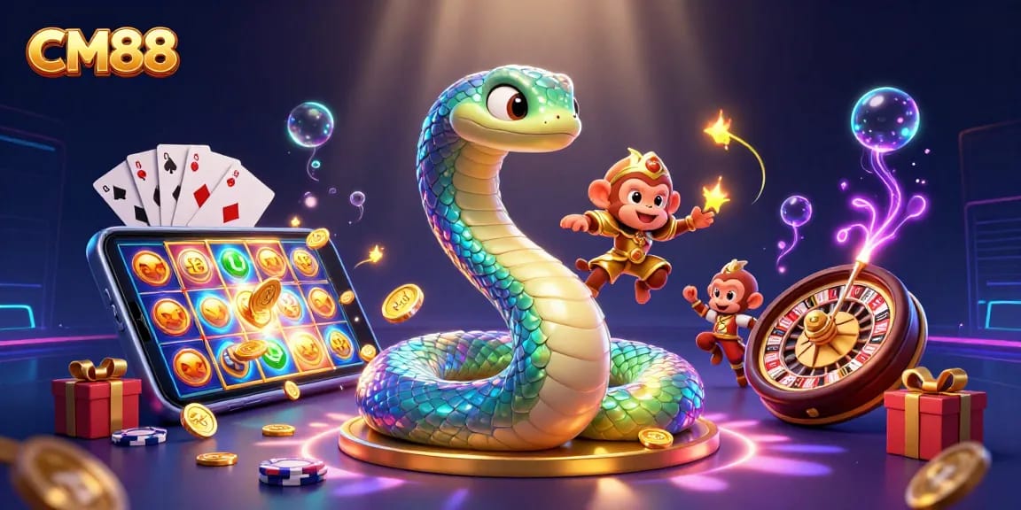 Experience dynamic gaming at CM88, featuring vibrant characters and casino elements in an engaging 3D illustration.