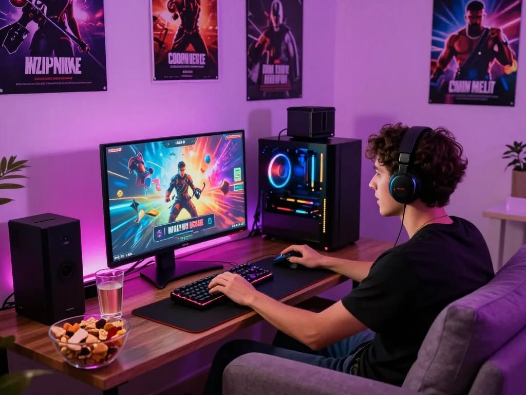 Engaged gamer enjoying a porngame on a high-resolution monitor with vibrant atmosphere.