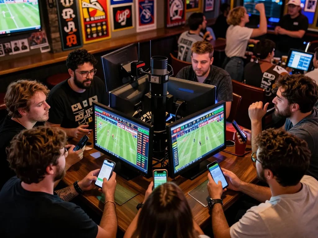 Engaged sports fans analyzing kèo nhà cái odds while enjoying live matches in a vibrant sports bar setting.